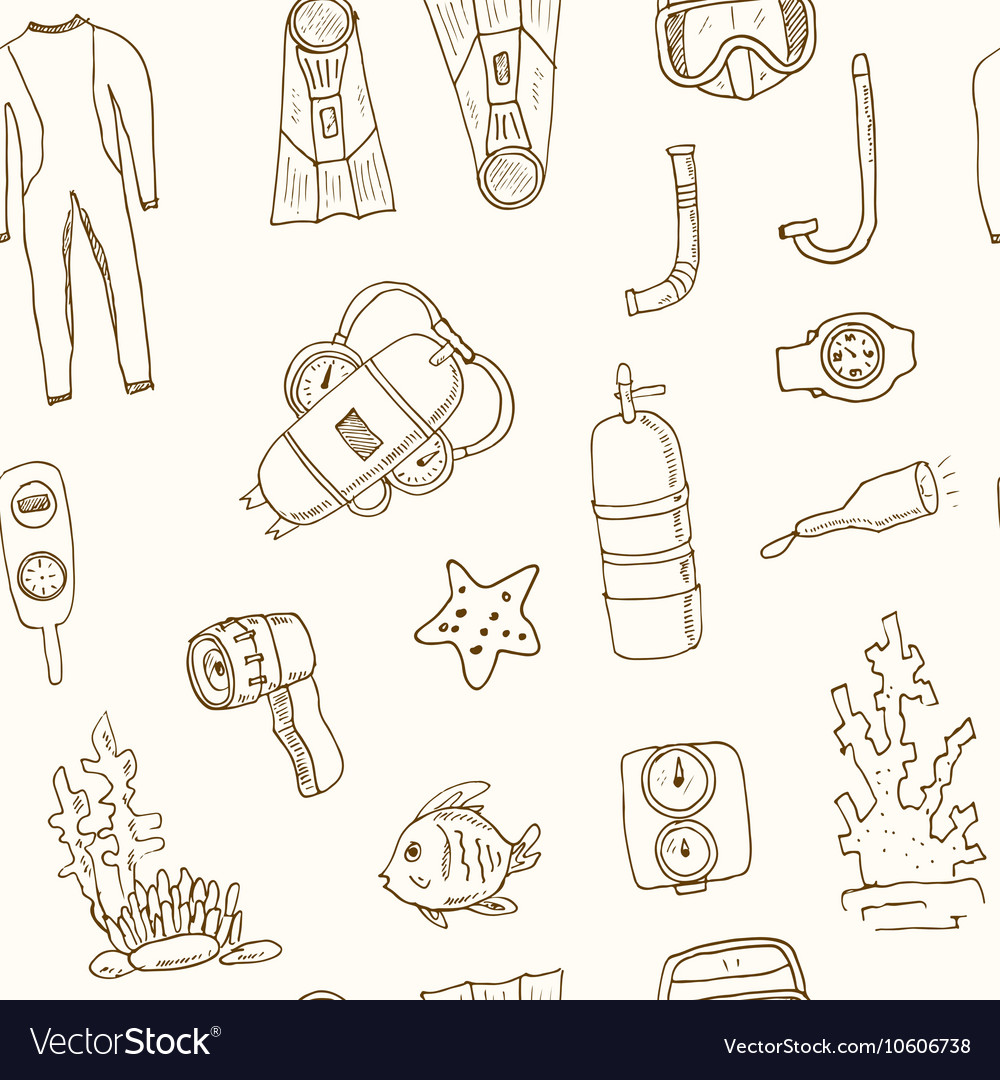 Doodle seamless pattern of diving tools vintage