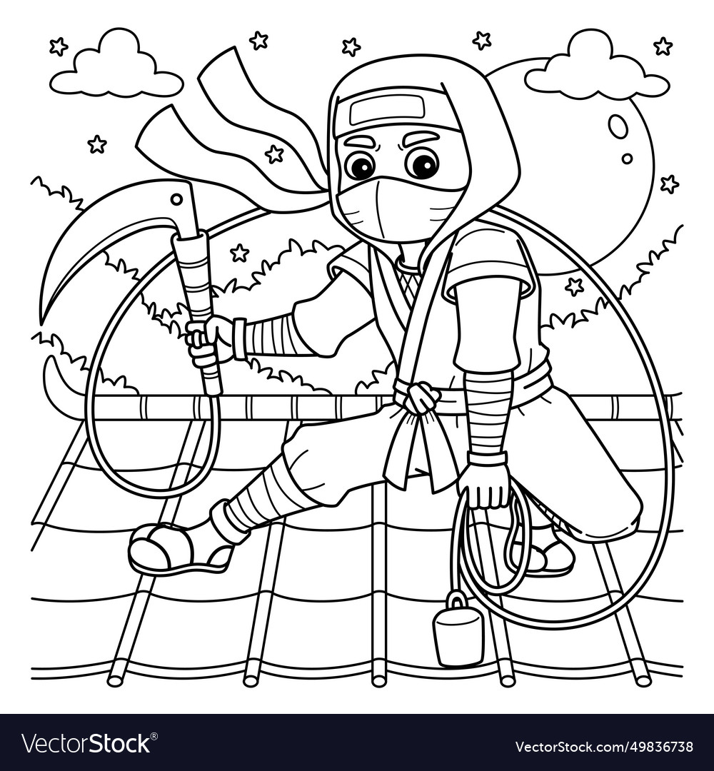 Ninja with a kusarigama coloring page for kids