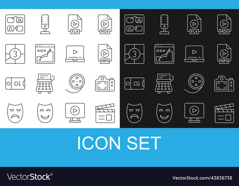 Set line movie clapper photo camera mp4 file Vector Image Set line movie clapper photo camera mp4 file
