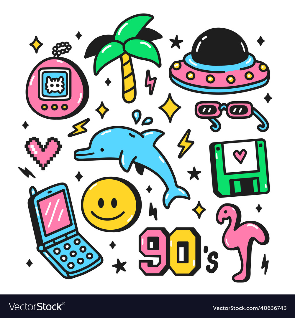 Set Trendy Retro Stickers Smile Faces 90S Elements Patches