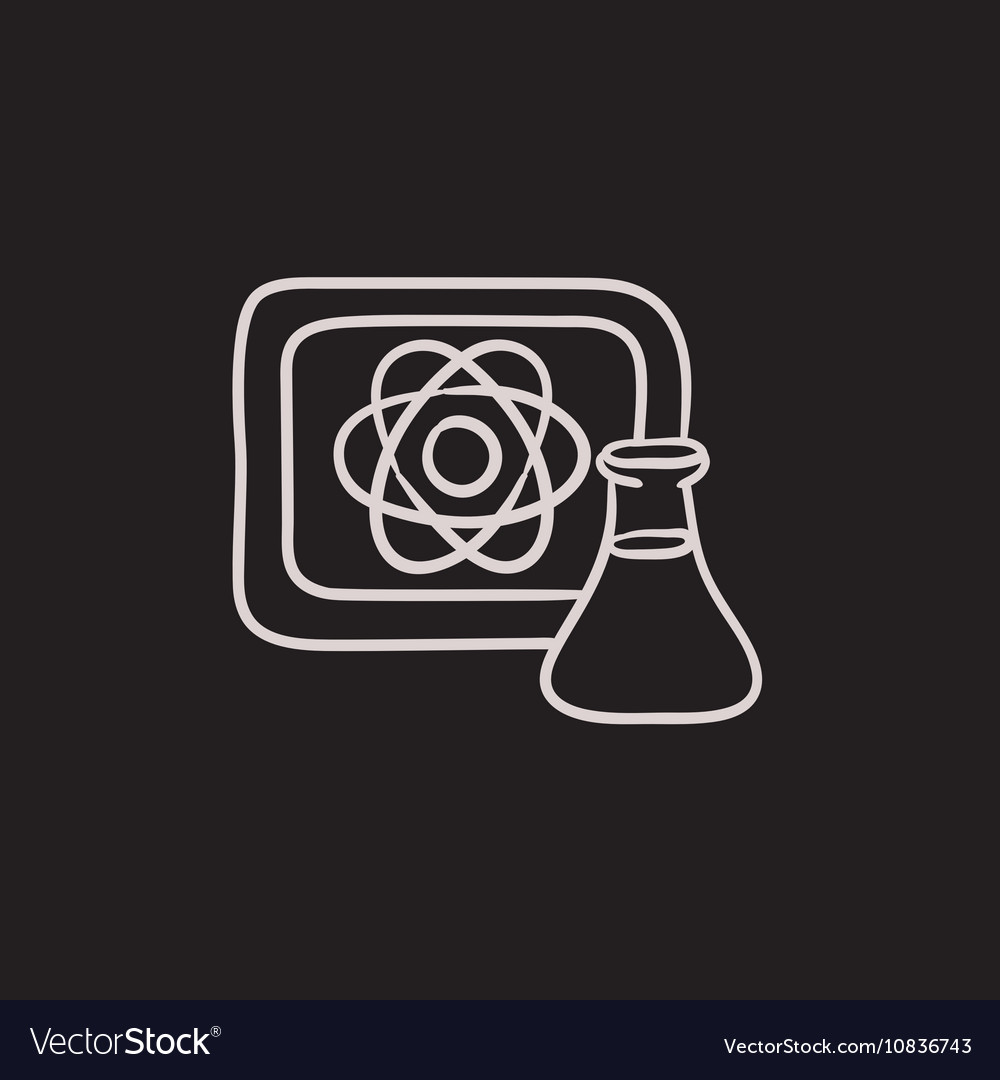 Atom sign drawn on board and flask sketch icon