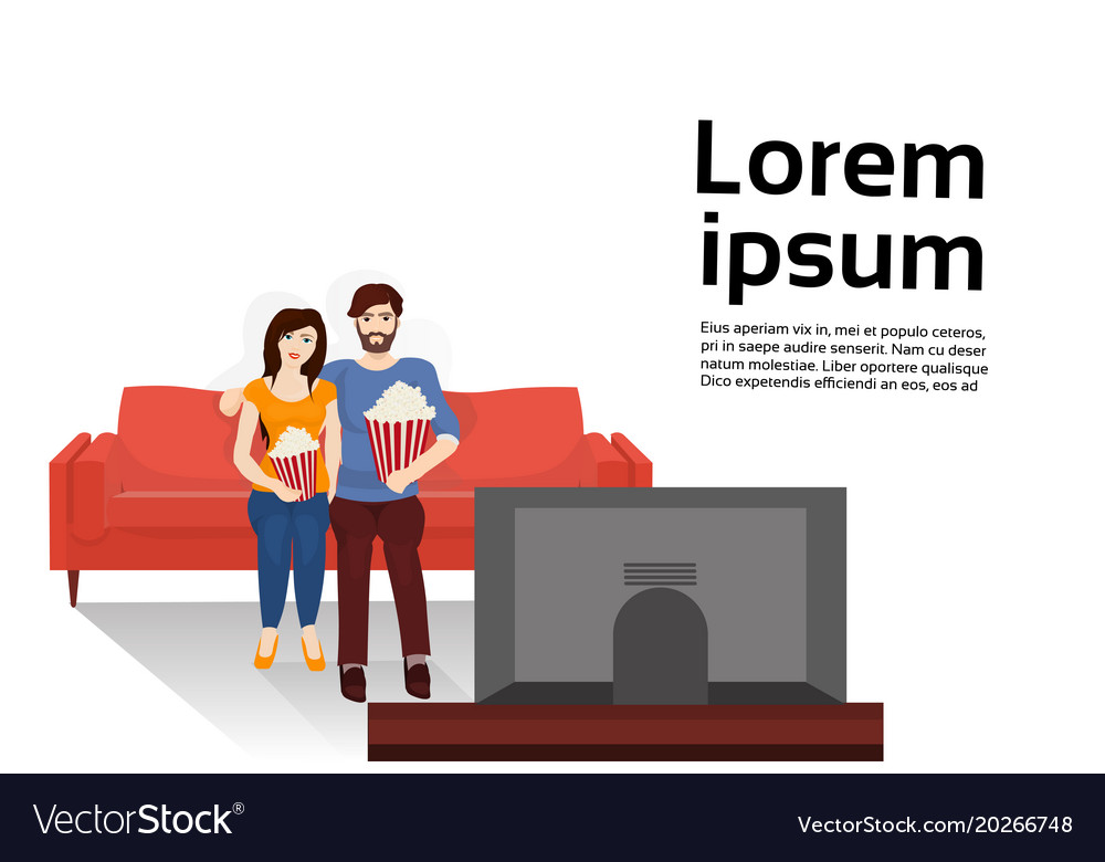 Couple Watch Tv Sitting On Couch And Eat Popcorn Vector Image
