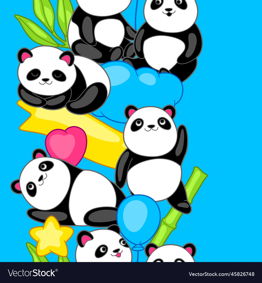 Seamless pattern with cute kawaii little pandas