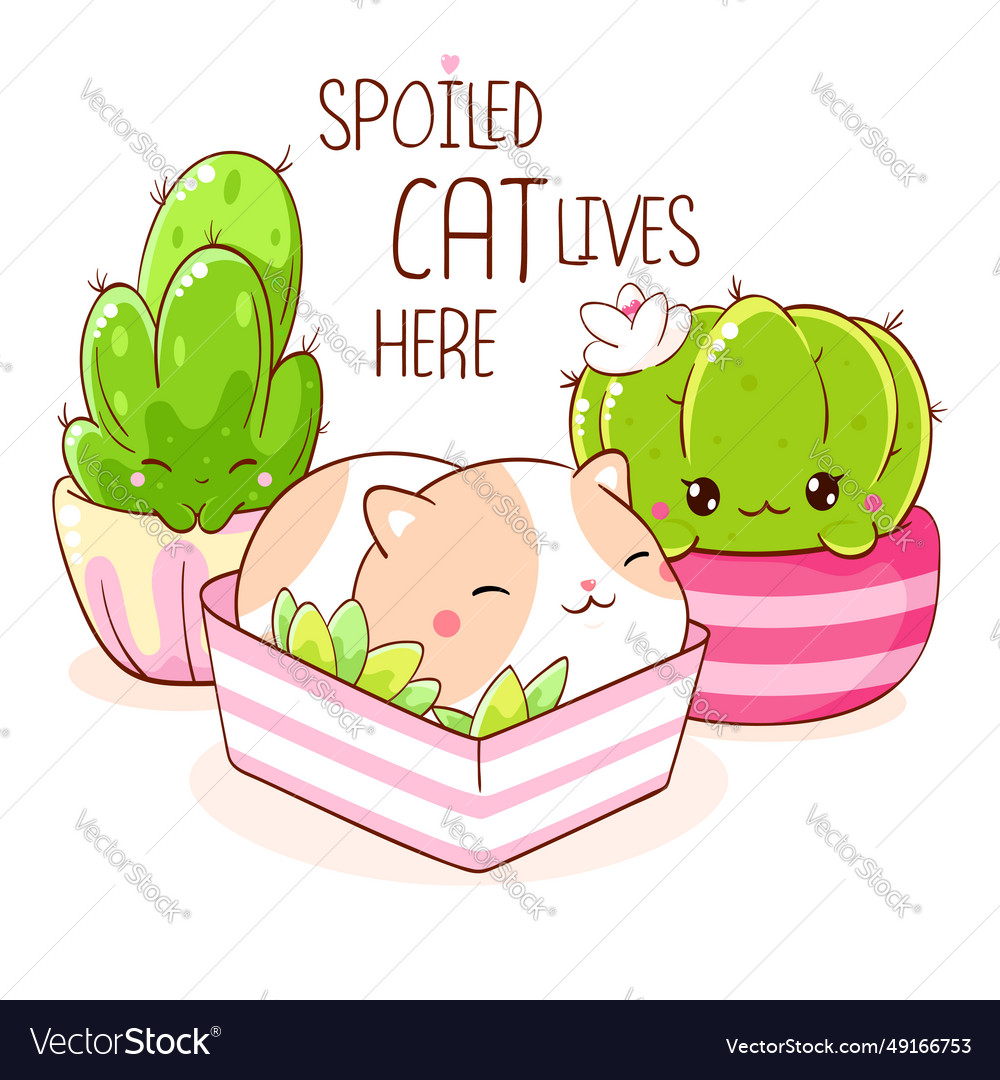 Cute fat cat sleeping in flower pot inscription Vector Image