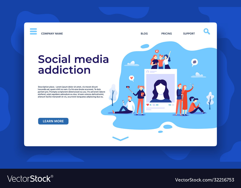 Social media addiction landing page young people vector image Social media addiction landing page young people