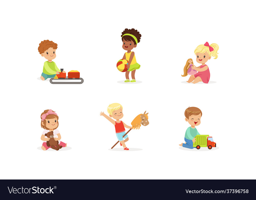 Happy cute kids playing toys set little boys