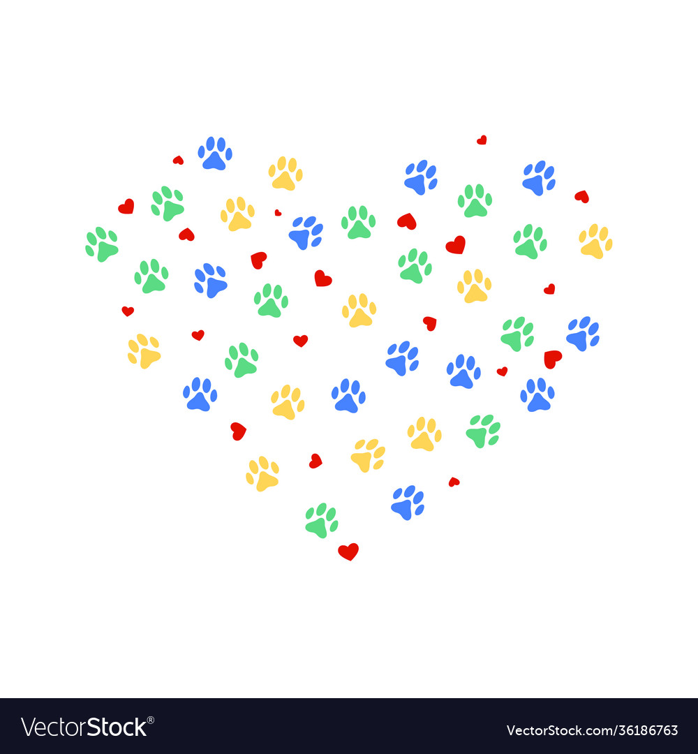 Heart with color animasl paw prints and many vector image Heart with color animasl paw prints and many