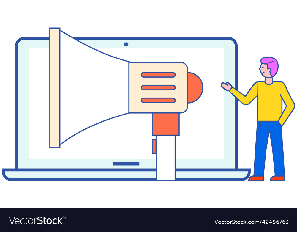 Man near computer with loudspeaker on screen