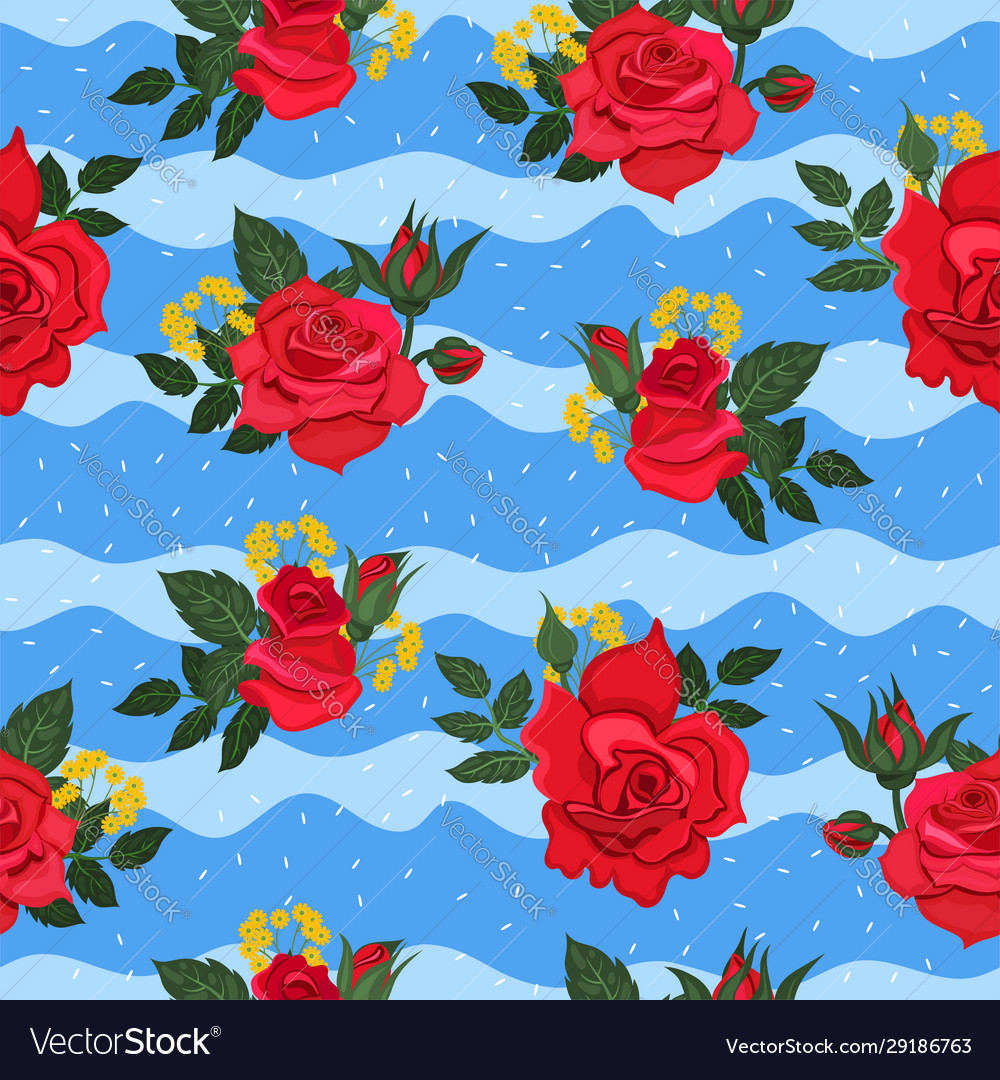 Seamless pattern with red roses on a blue