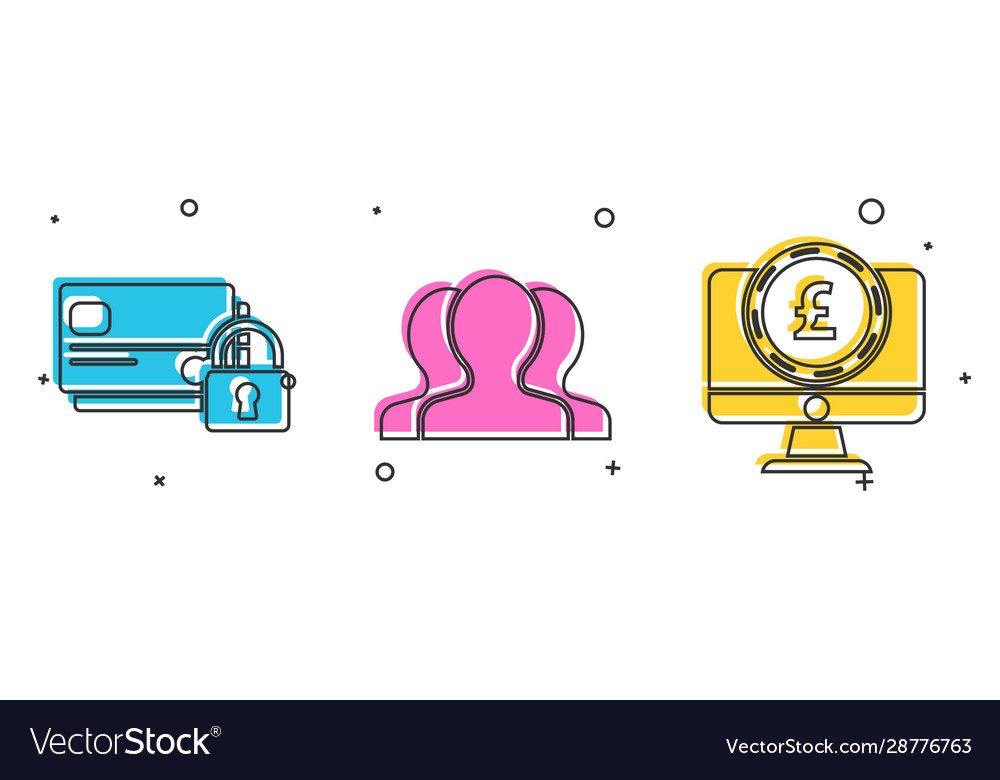 Set credit card with lock users group vector image Set credit card with lock users group