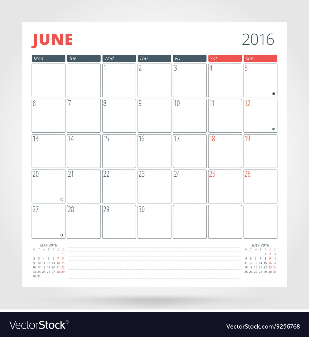 Calendar planner for 2016 year june design print Vector Image