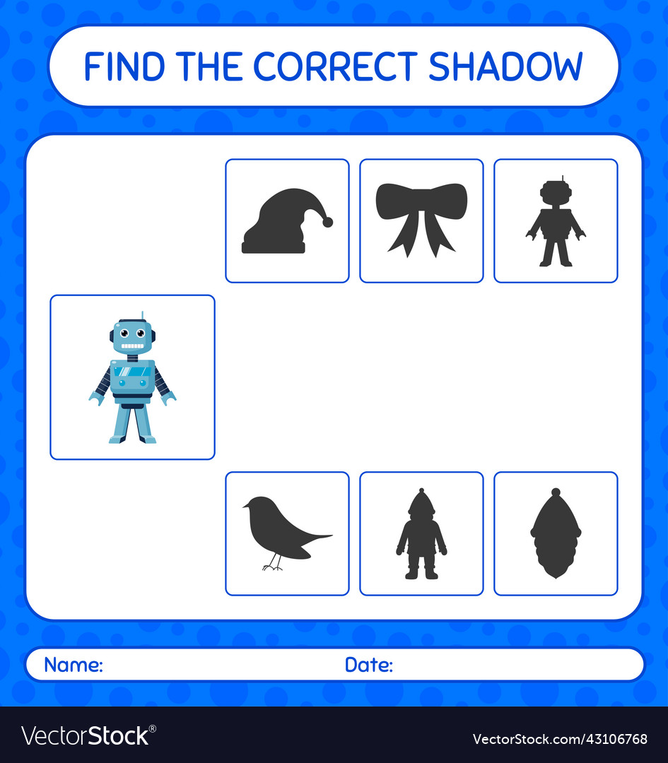 Find the correct shadows game with robot toy vector image Find the correct shadows game with robot toy