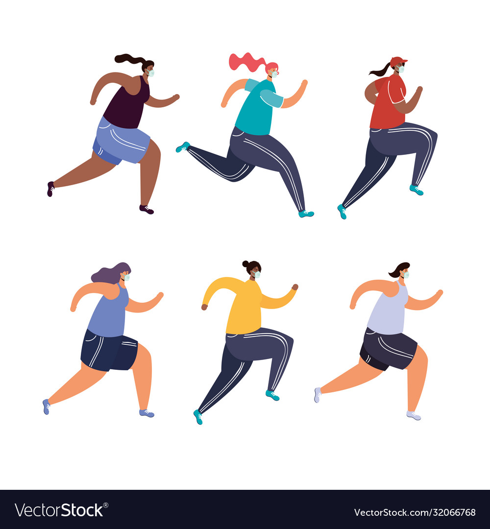 Group women wearing medical mask running sport