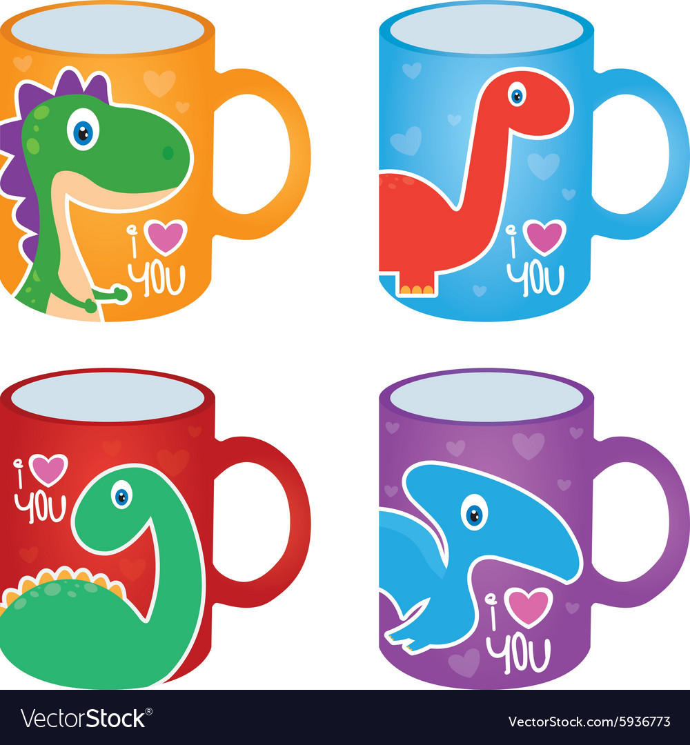 Four mugs with cute dinosaurs on a white