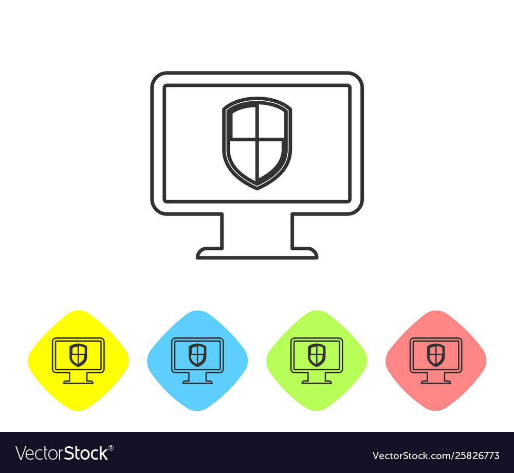Grey computer monitor and shield line icon Vector Image Grey computer monitor and shield line icon