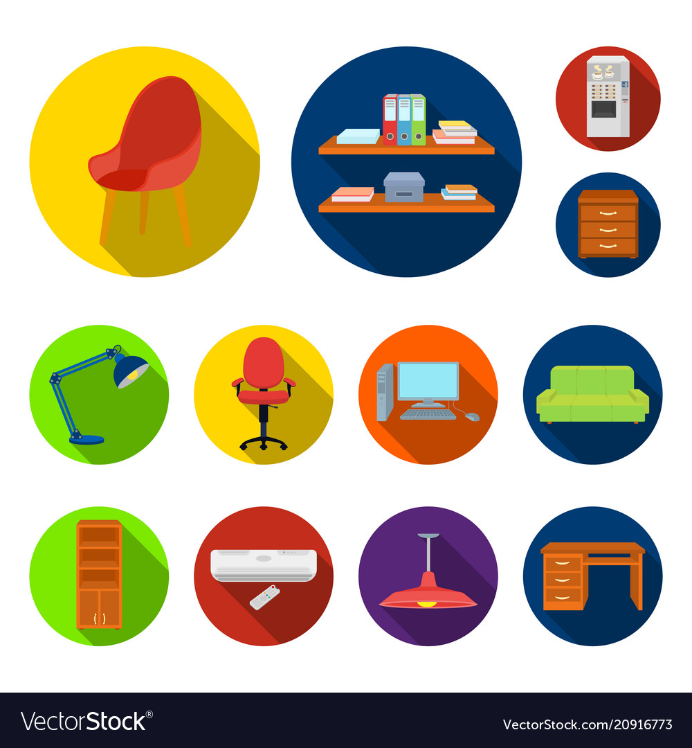 Interior of the workplace flat icons in set