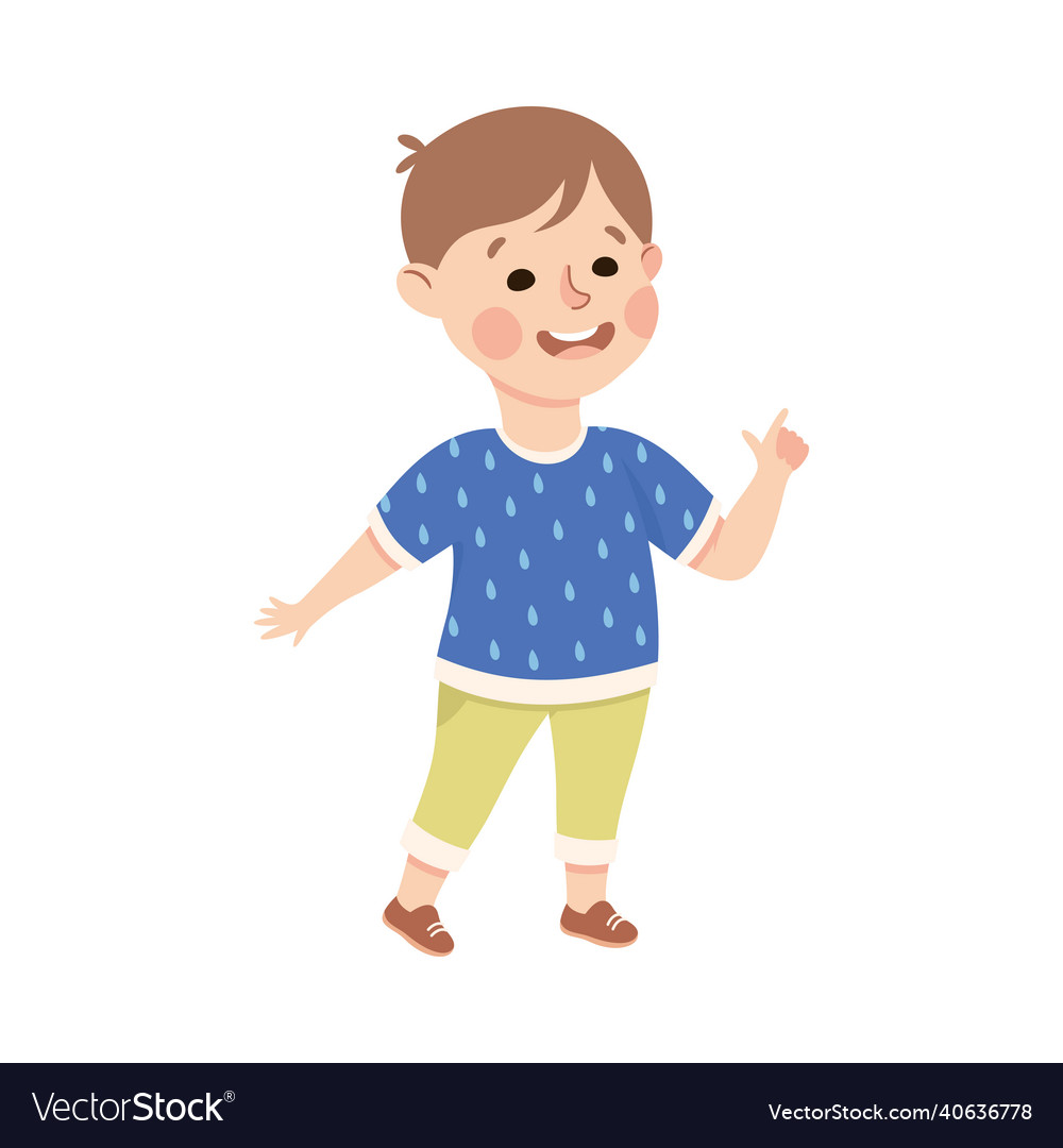 Funny boy pointing at something with extending