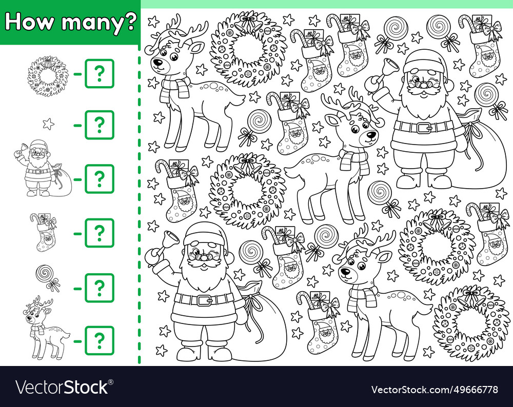 Math counting game how many outline xmas objects vector image Math counting game how many outline xmas objects