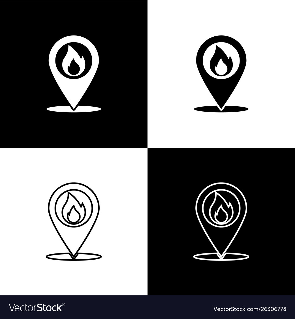 Set map pointer with fire flame icons isolated vector image Set map pointer with fire flame icons isolated