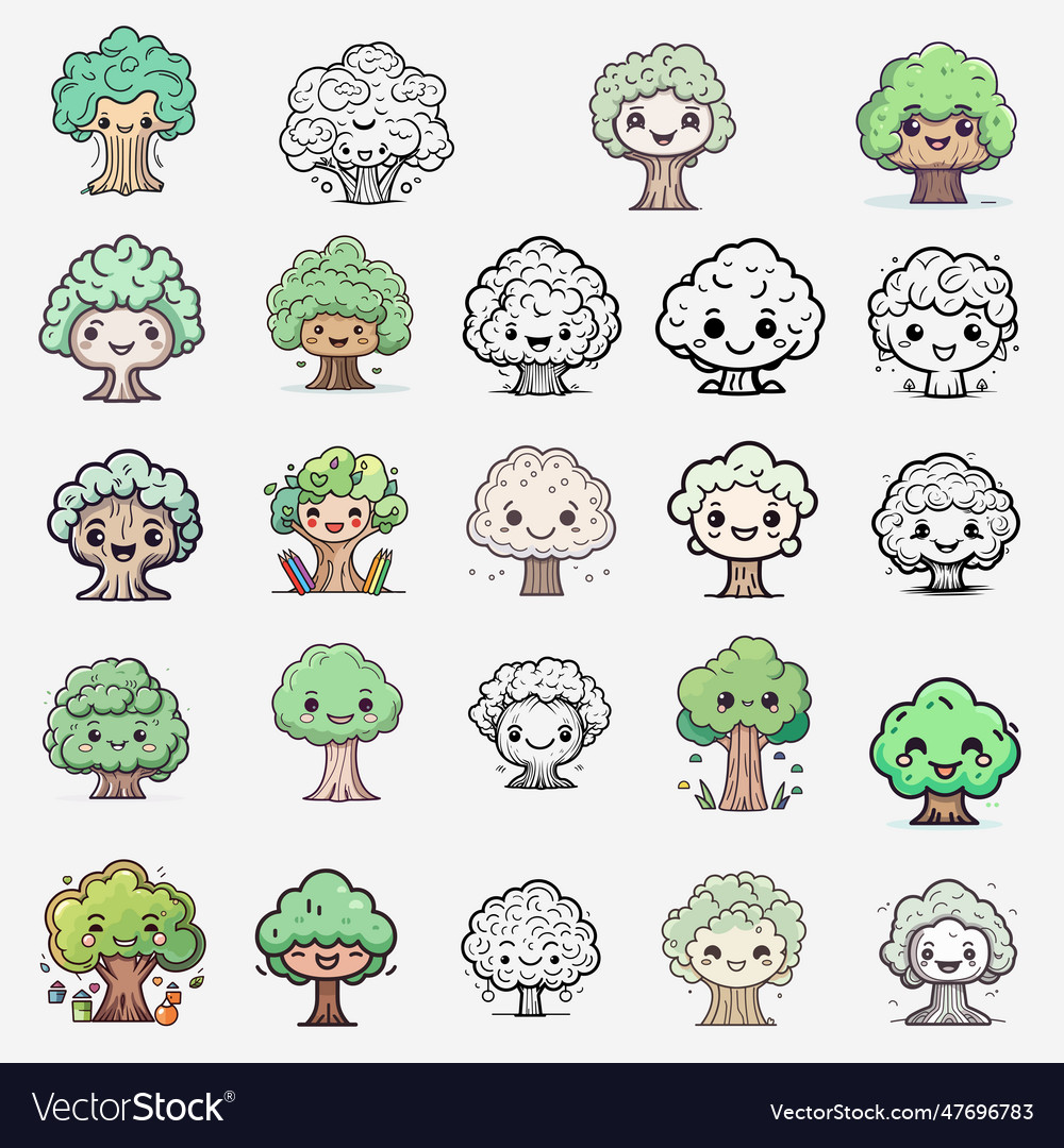 Cute cartoon tree collection emoji tree Royalty Free Vector