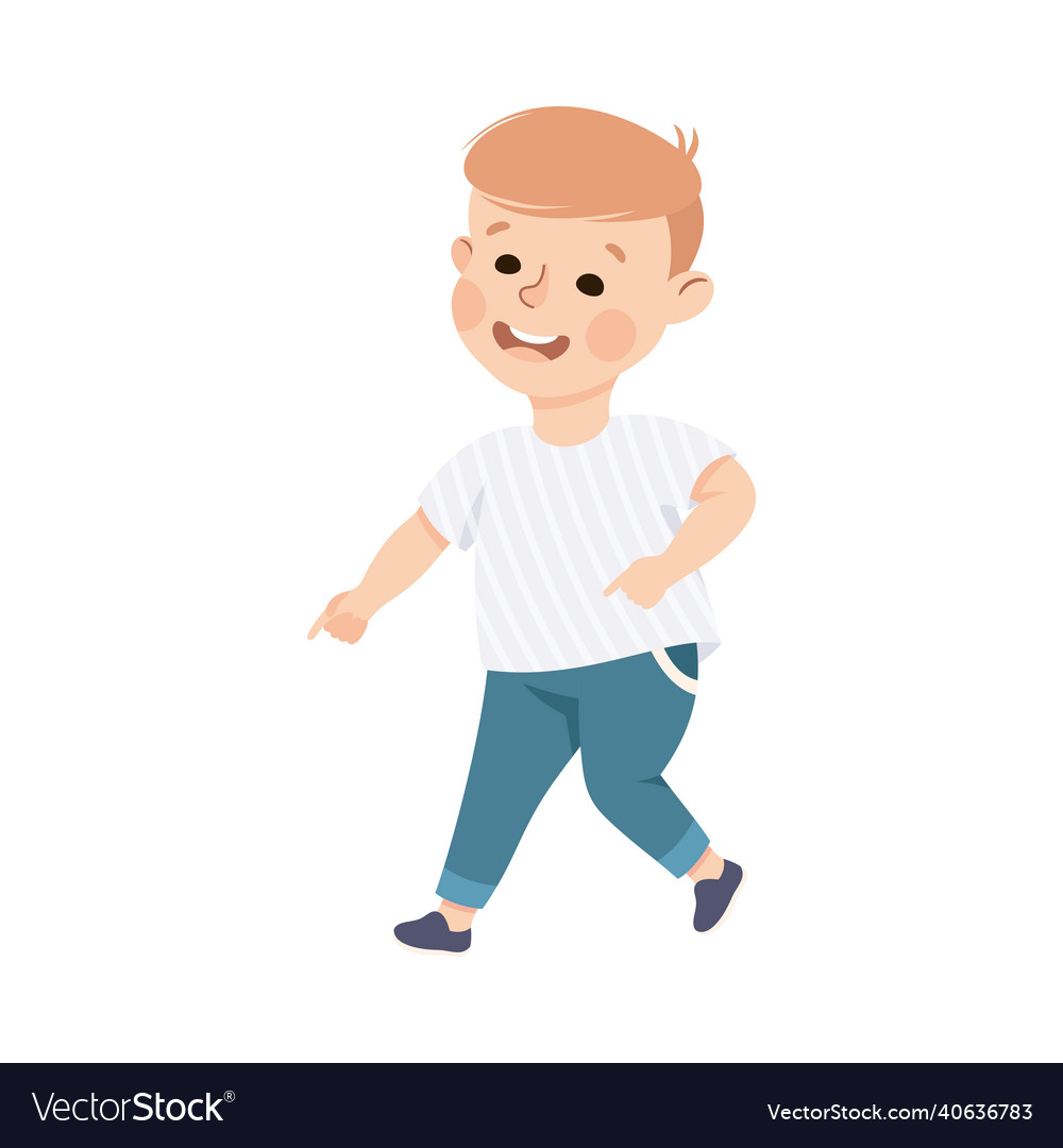 Funny boy pointing at something with extending
