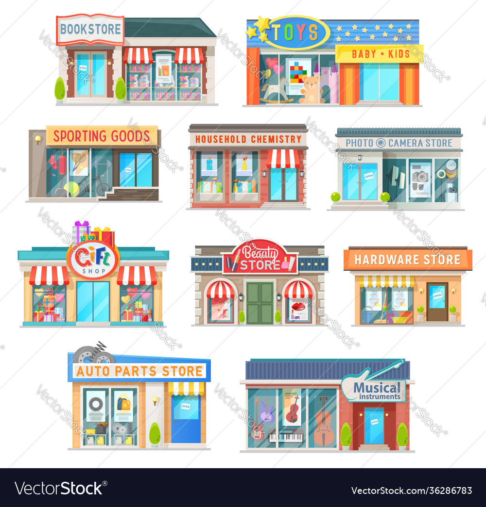 Shop and store building isolated icons Royalty Free Vector