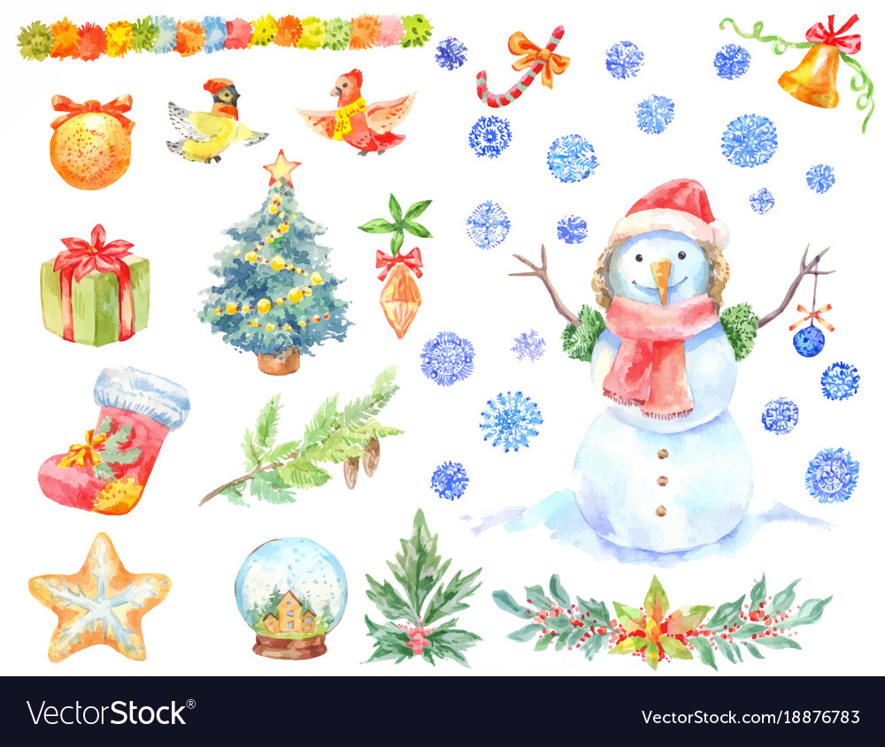 watercolor christmas stickers set of hand drawn vector image