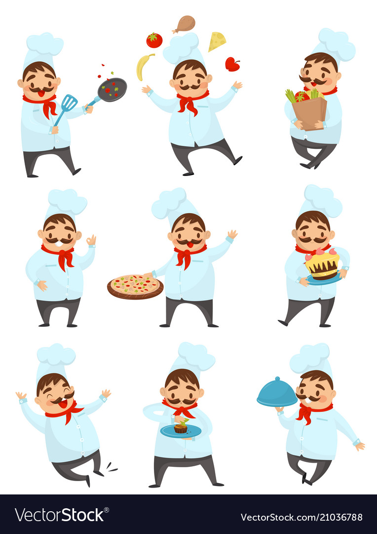 Flat set with funny chef in different Vector Image Flat set with funny chef in different
