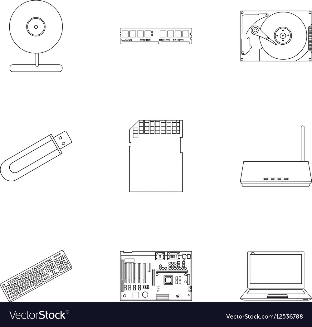Personal computer set icons in outline style big