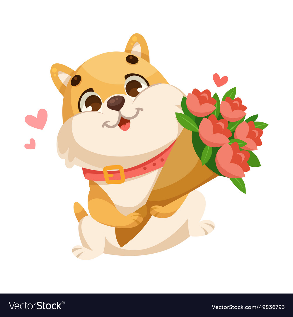 Cute dog cub with flower bouquet and heart