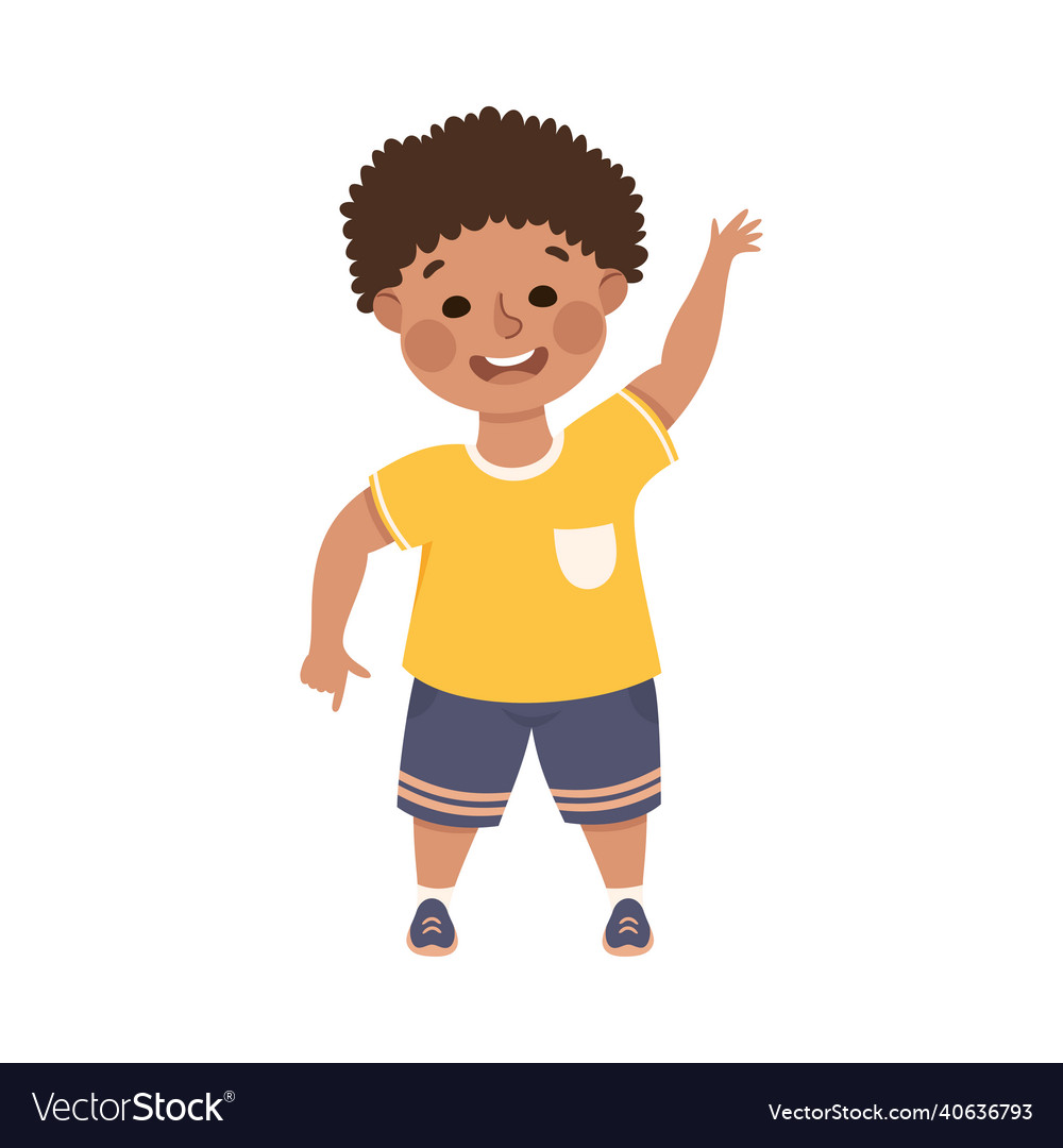Funny boy pointing at something with extending