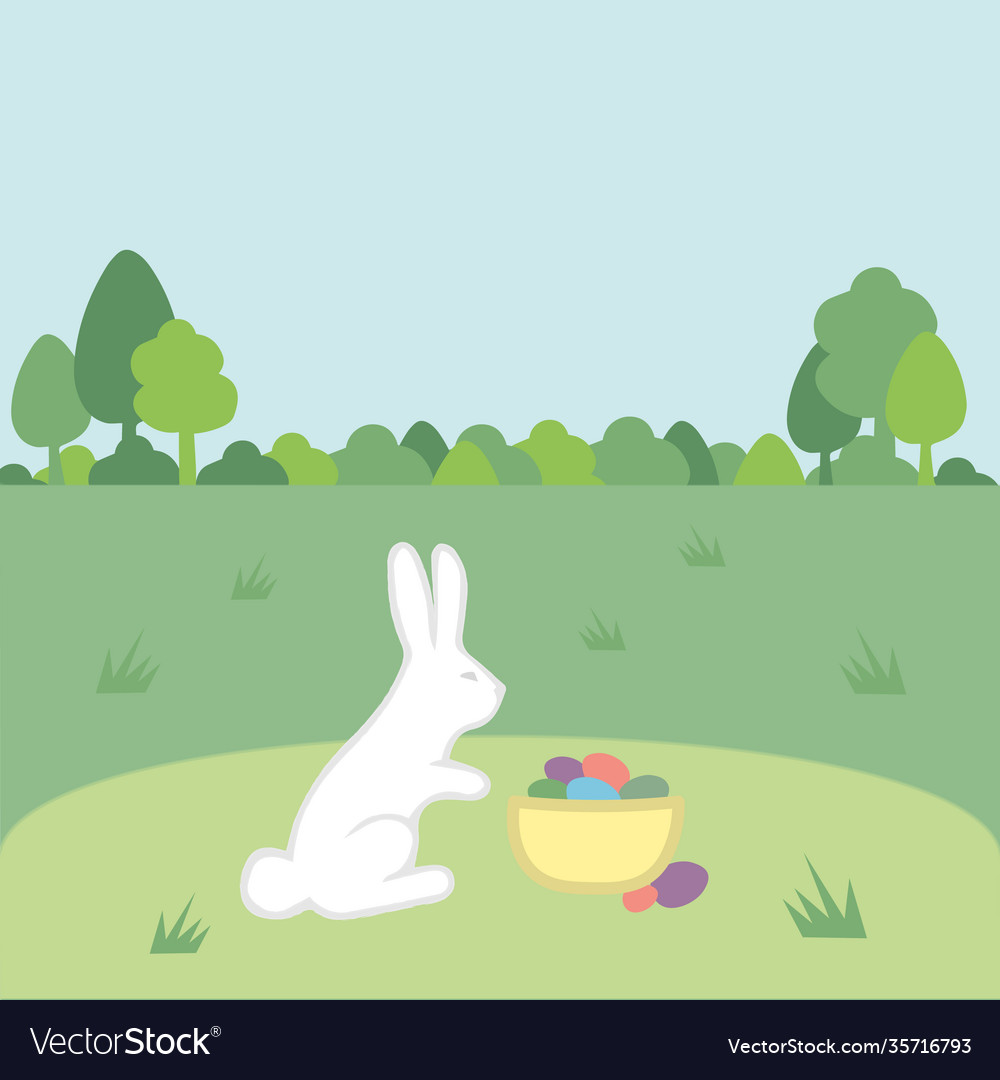 Green spring sunny lawns with white rabbit basket