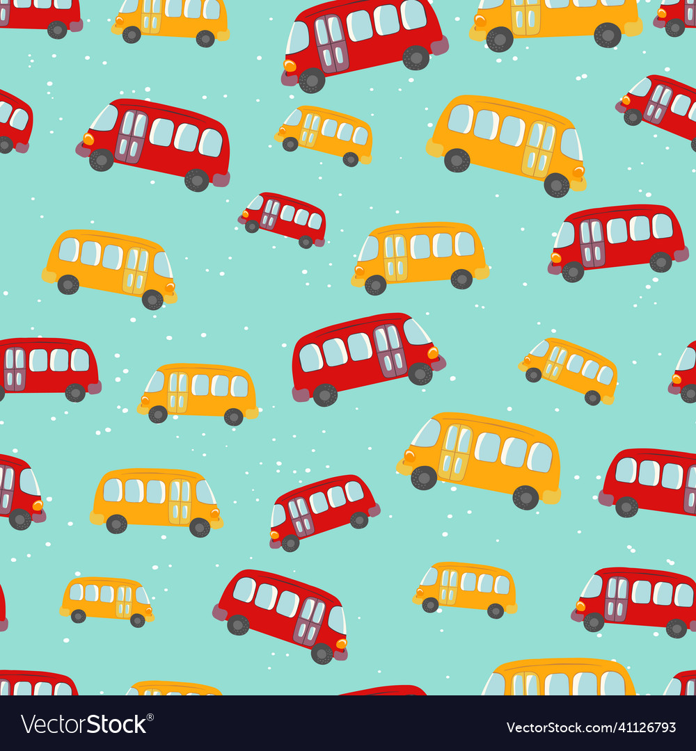 Seamless pattern with cute bus car on color vector image Seamless pattern with cute bus car on color
