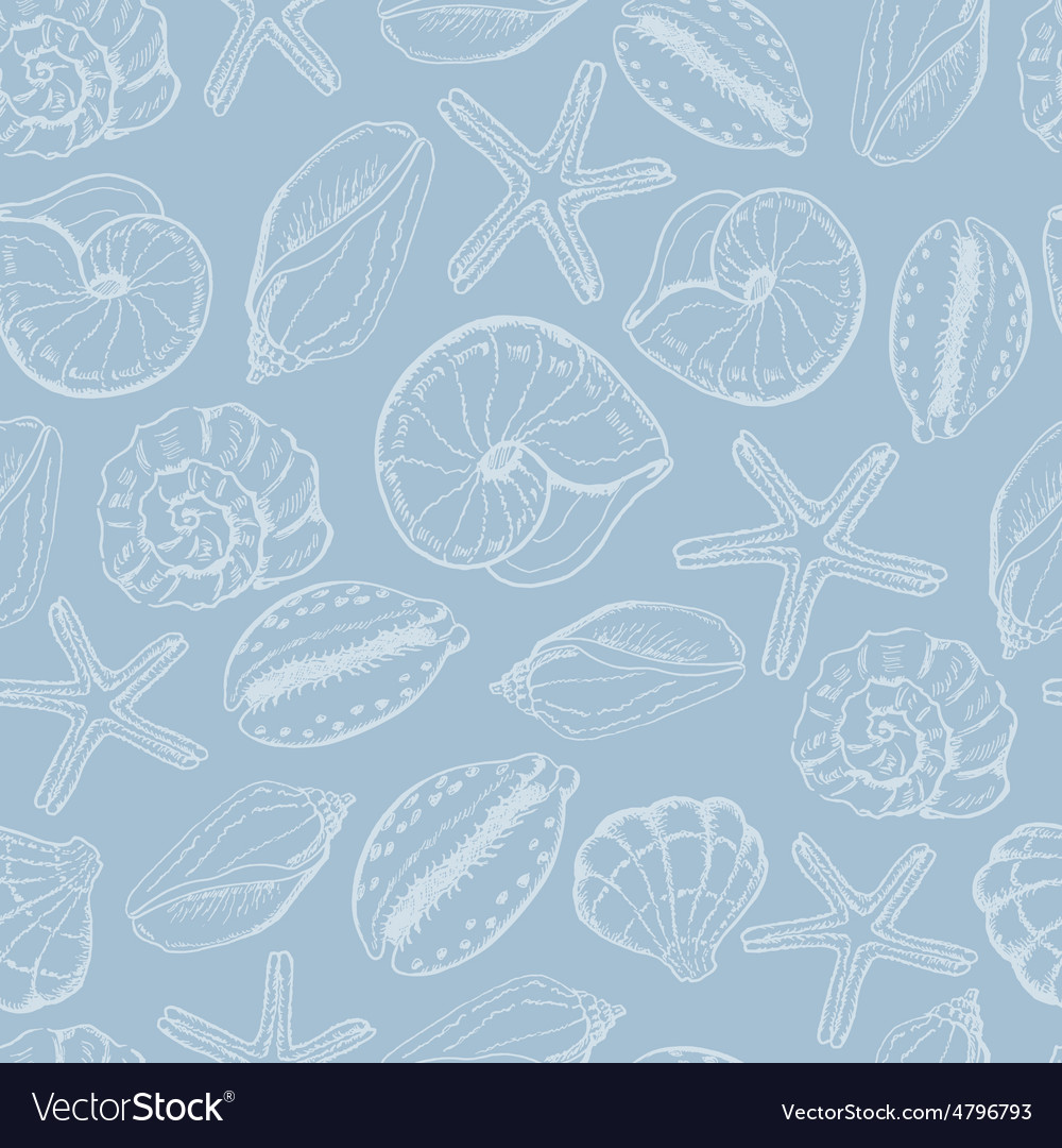 Seamless pattern with shells on blue background