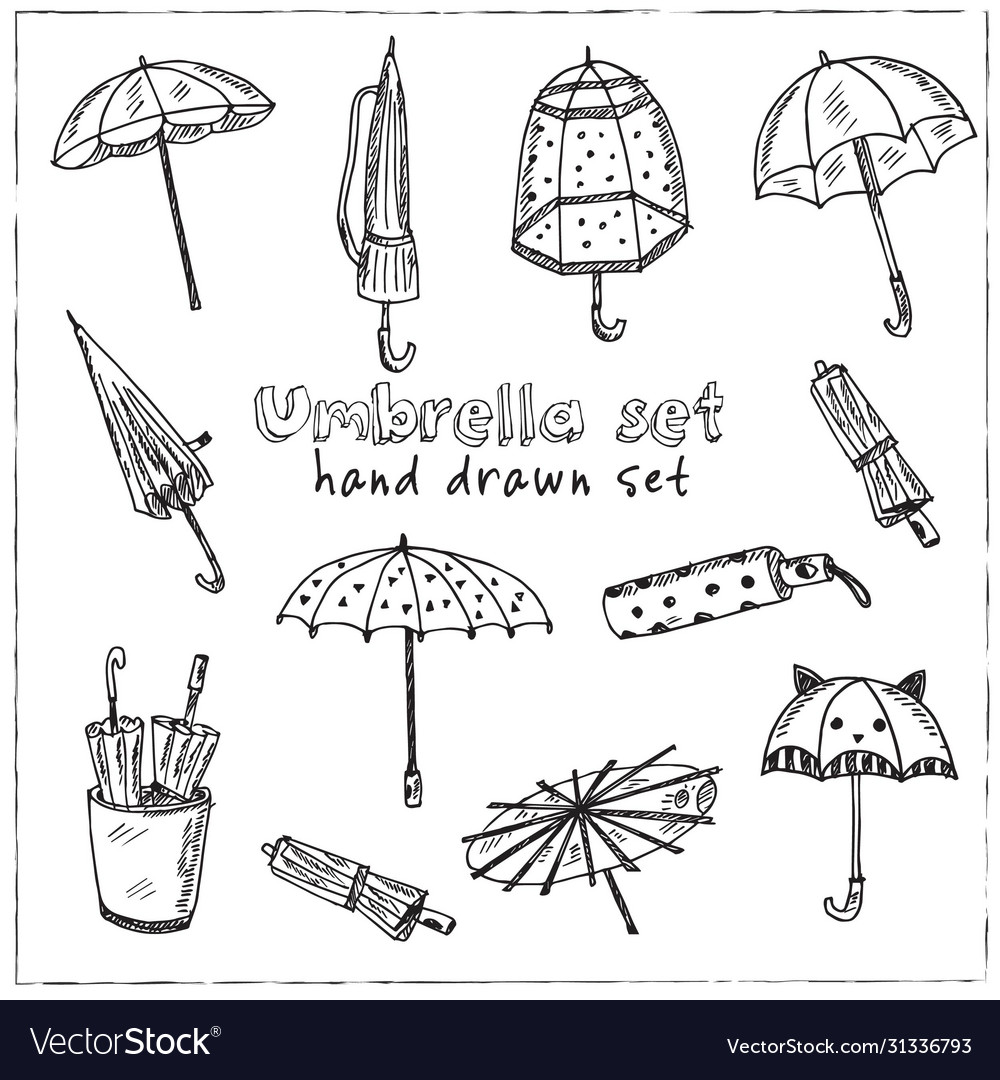 Umbrella hand drawn doodle set Royalty Free Vector Image