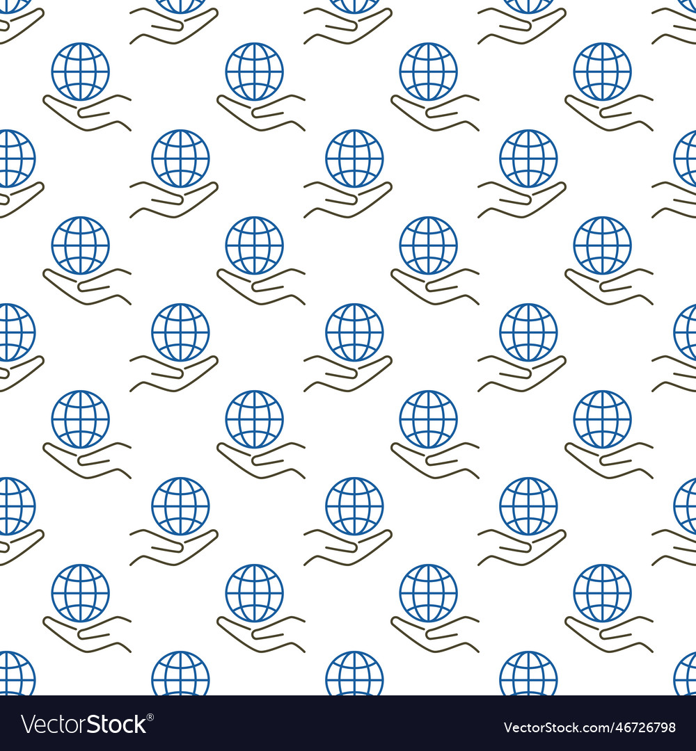 Hand with globe concept outline seamless pattern