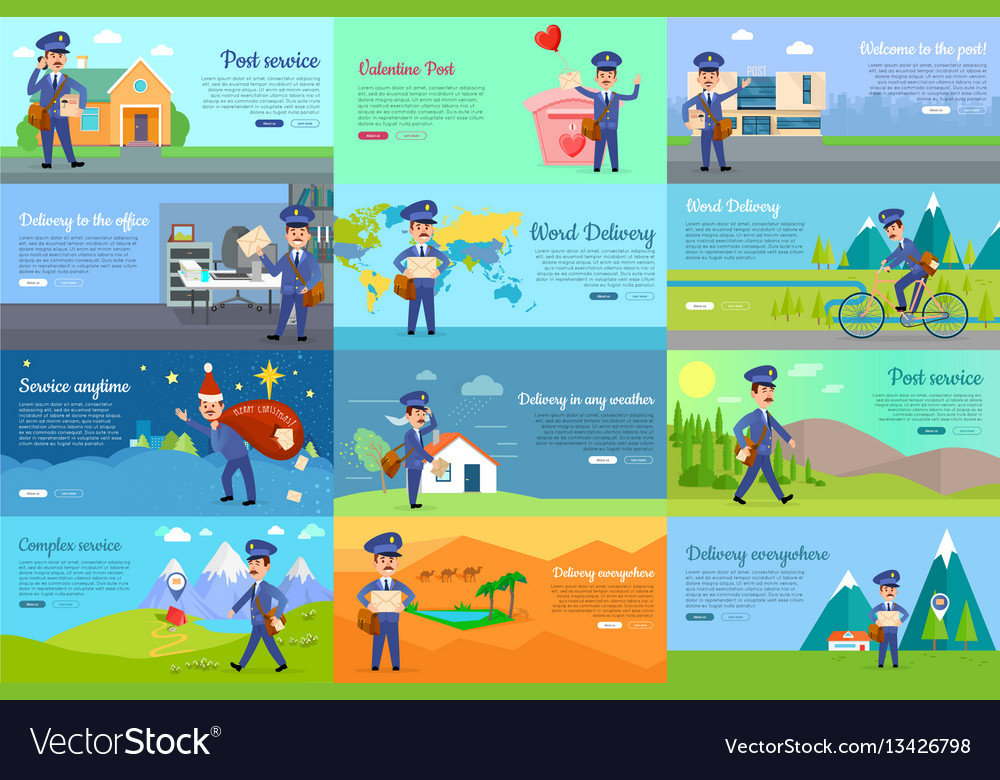 Set of icon with postman characters and mail boxes vector image Set of icon with postman characters and mail boxes