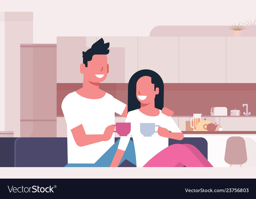 Couple drinking tea coffee man woman sitting