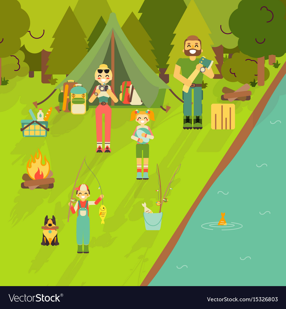 Happy family go camping and fishing Royalty Free Vector