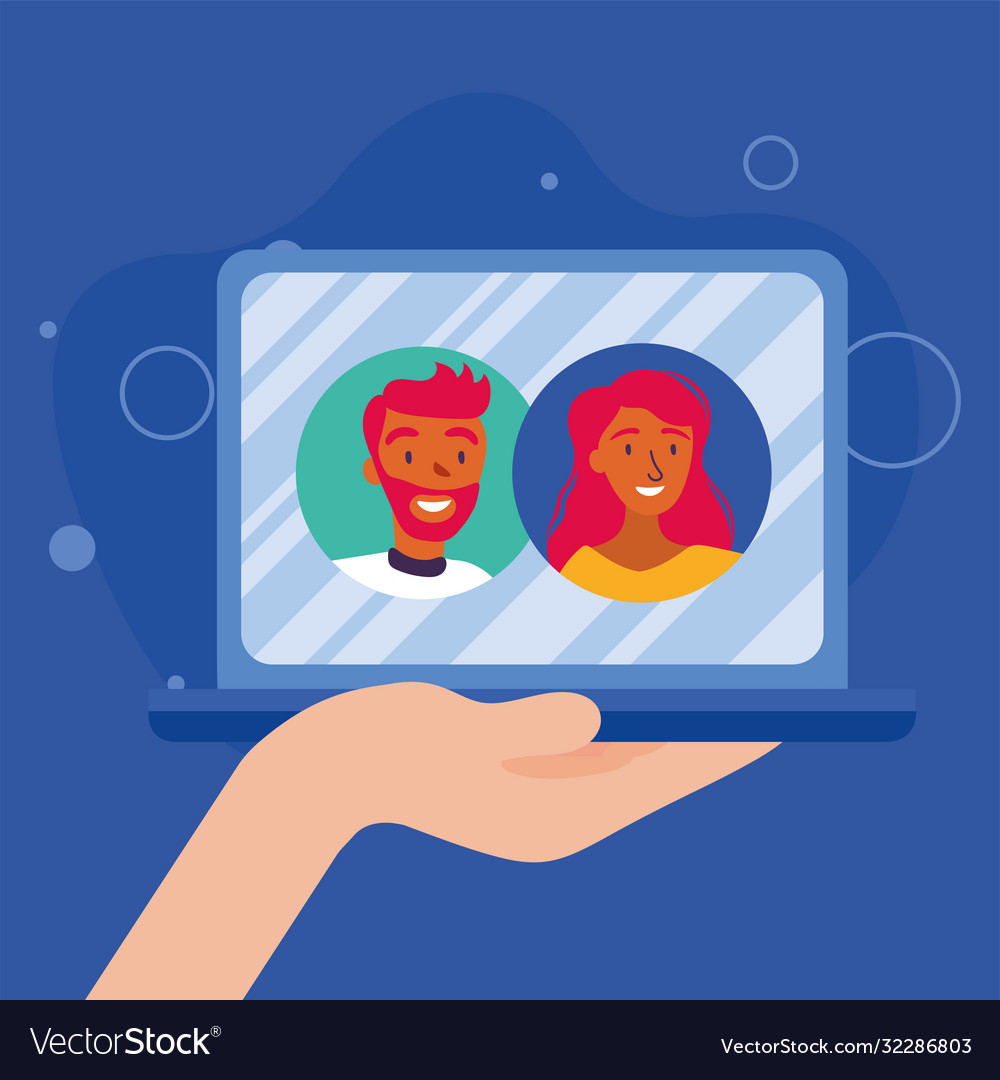 Woman and man avatar on laptop in video chat