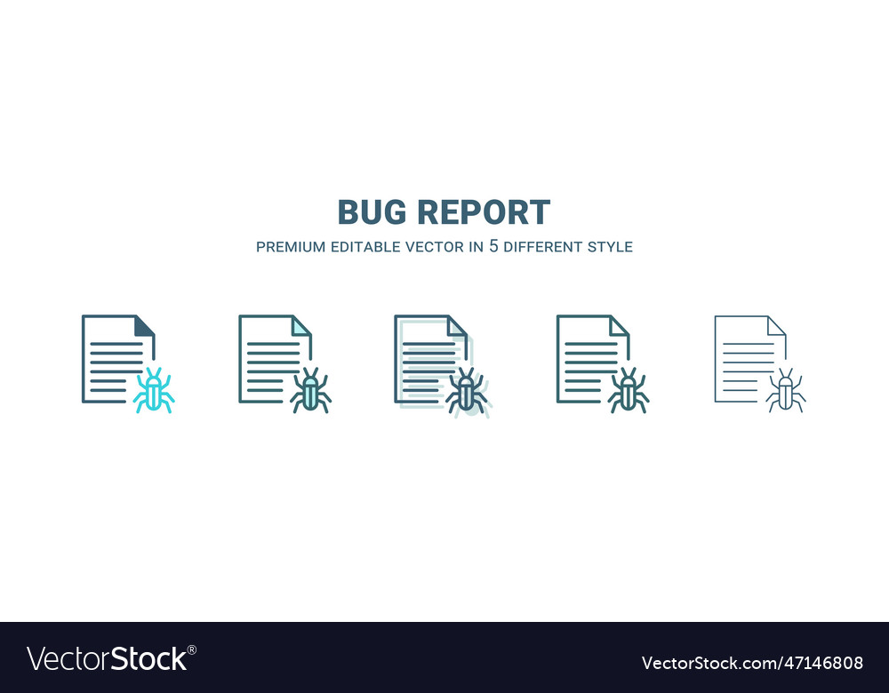 Bug report icon in 5 different style outline vector image Bug report icon in 5 different style outline