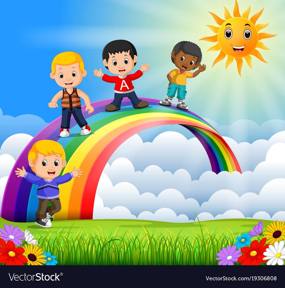 Happy kids standing over rainbow Royalty Free Vector Image