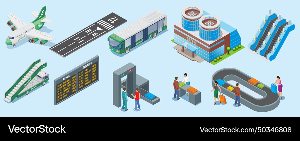 Isometric airport elements set Royalty Free Vector Image