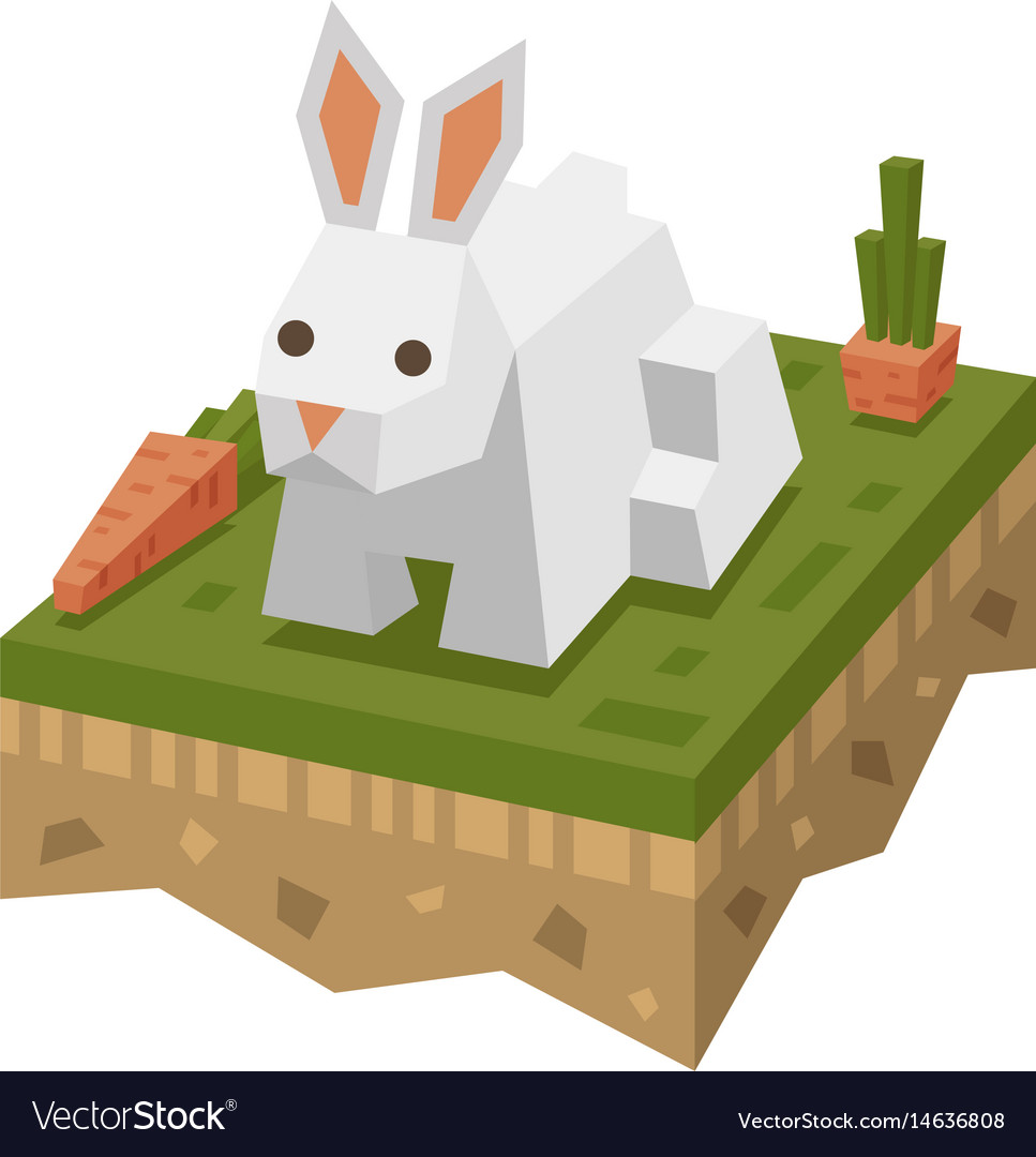 Isometric flat white rabbit on the tile of ground