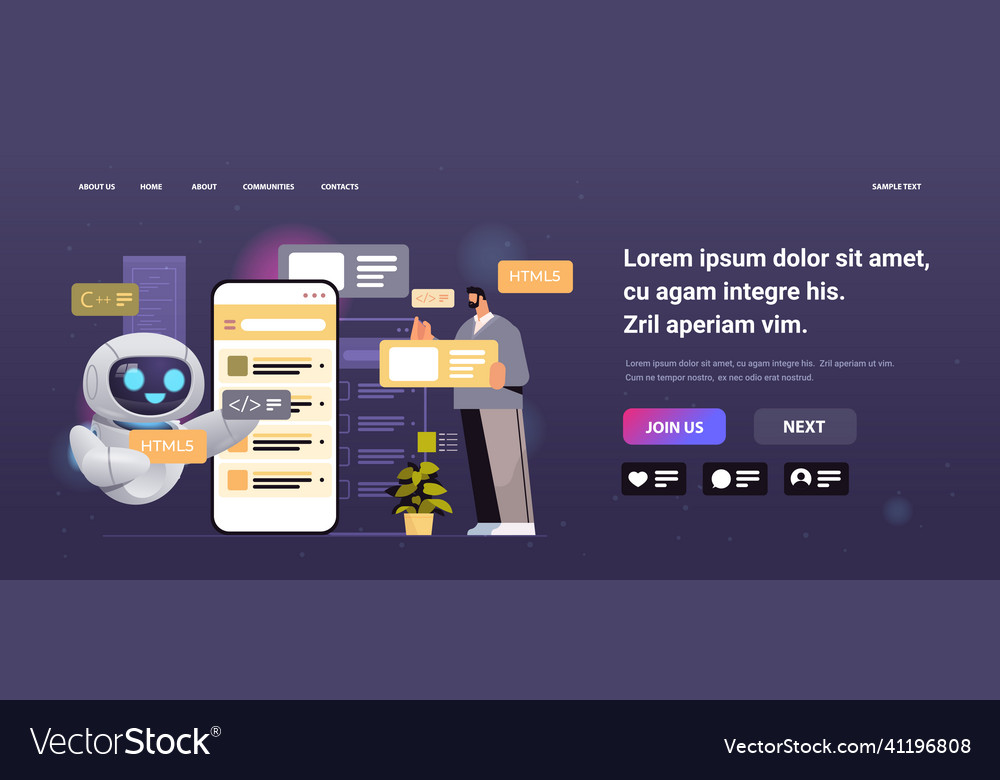Mann und Roboter Web-Entwickler erstellen Programmcode vector image Mann und Roboter Web-Entwickler erstellen Programmcode