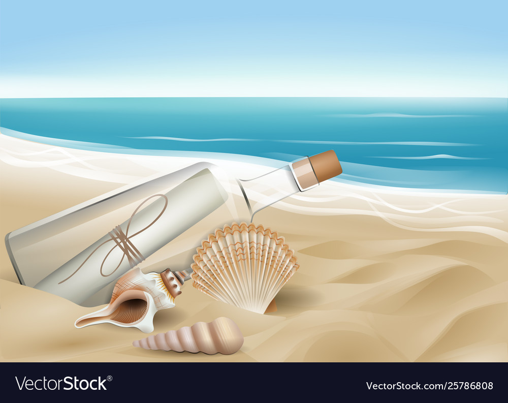 Seashells and bottle with a message on beach
