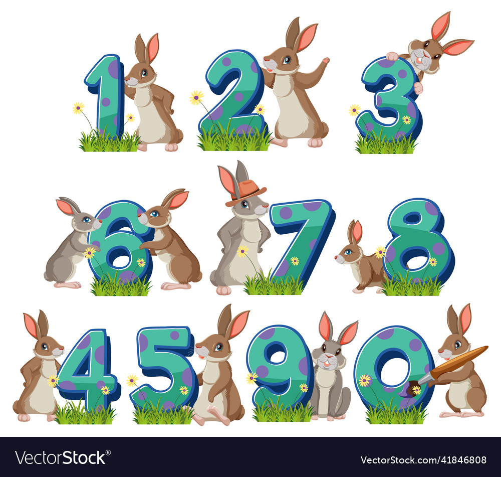Set of different rabbit holding the numbers vector image Set of different rabbit holding the numbers