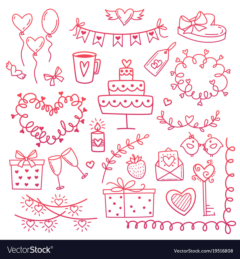 Set of hand drawn doodle love elements for wedding