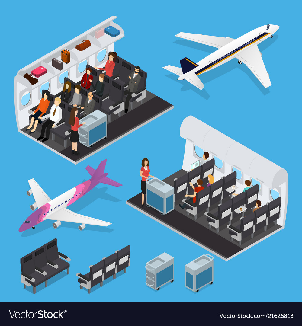 Airplane interior elements with people isometric Vector Image