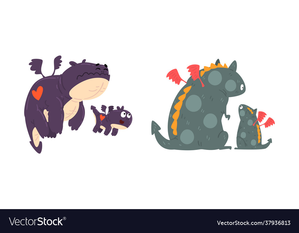 Cute funny dragon families set adorable moms